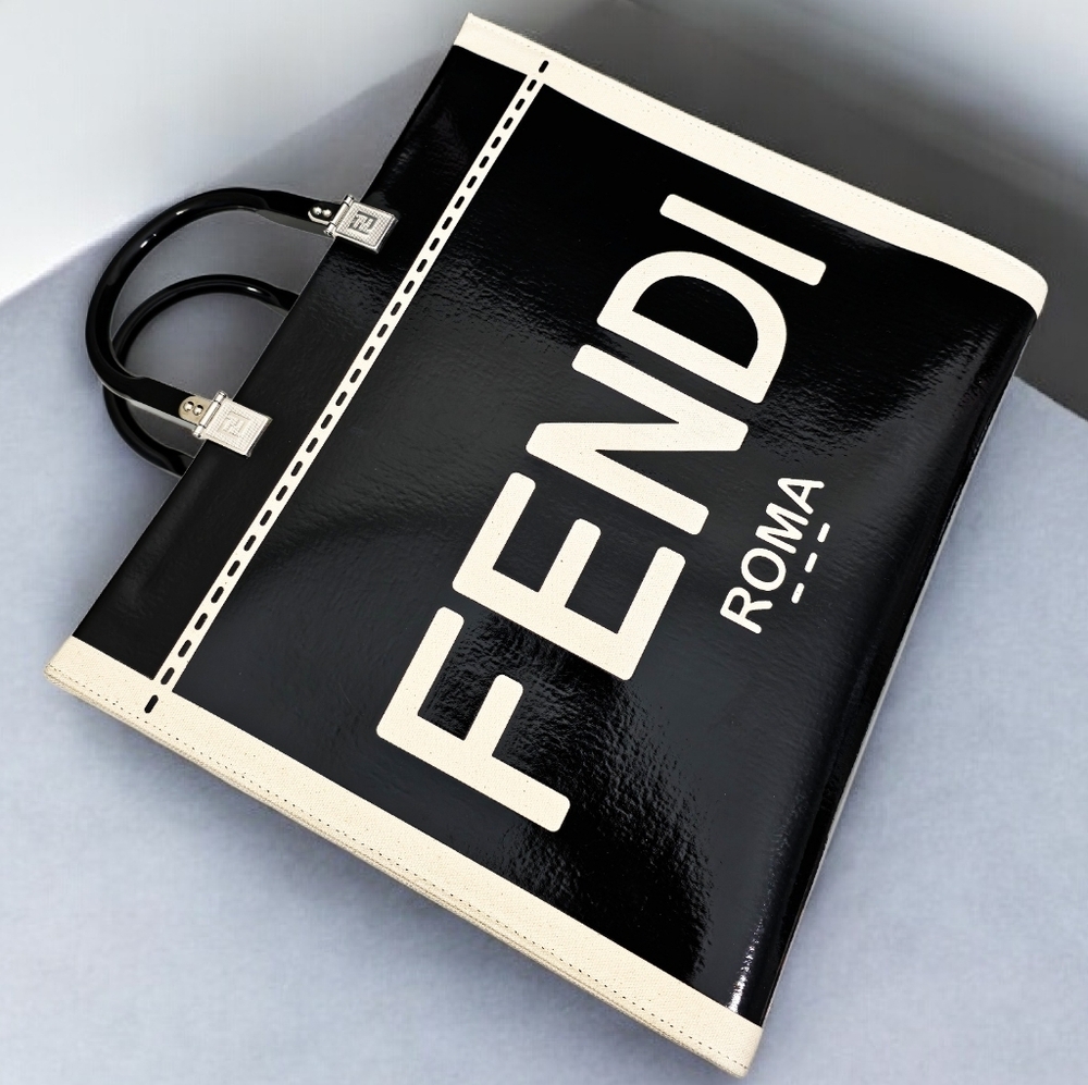 Fendi Medium Sunshine Shopper Black Patent Leather Canvas Trim Tote Shoulder Bag - Picture 3 of 14